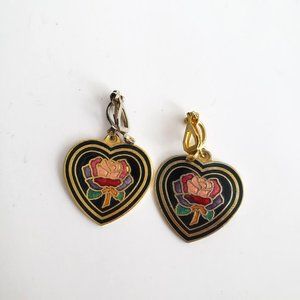 Vintage Cloisonne Heart Shaped Clip On Earrings with Rose